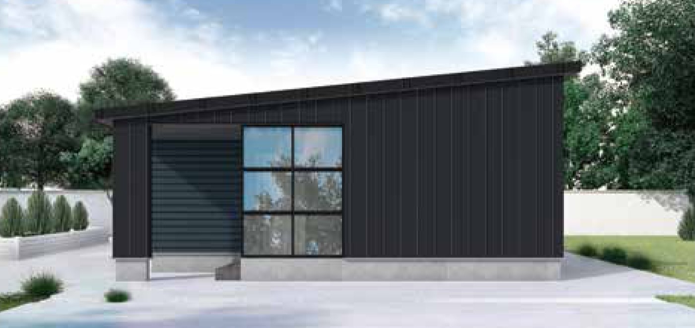 大きな窓がある黒い外壁の家外観